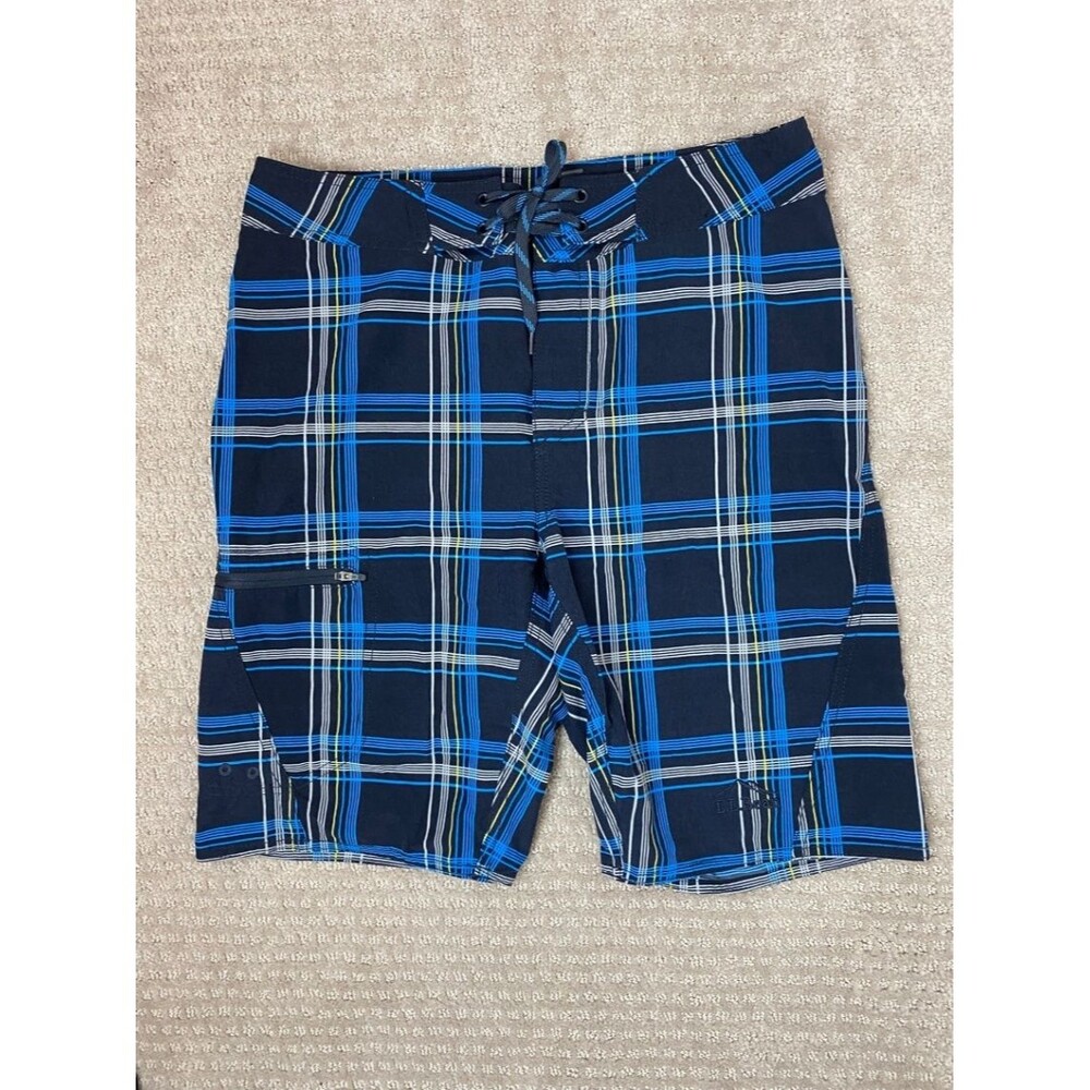 L.L.Bean Men's Board Shorts Swim Trunks Size 30 Blue Plaid Drawstring Pocket